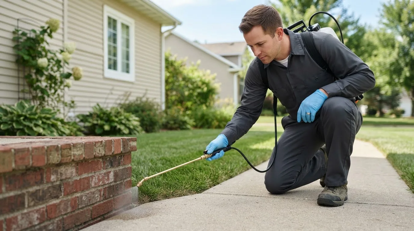 Pest control technician treating a home near Crescent City, IL