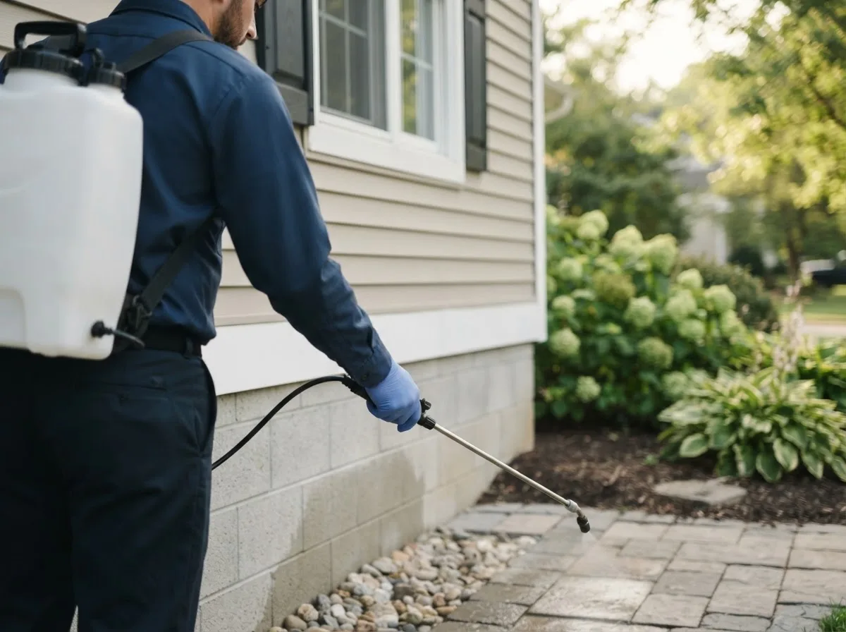 Pest control technician inspecting a home in Crescent City, IL